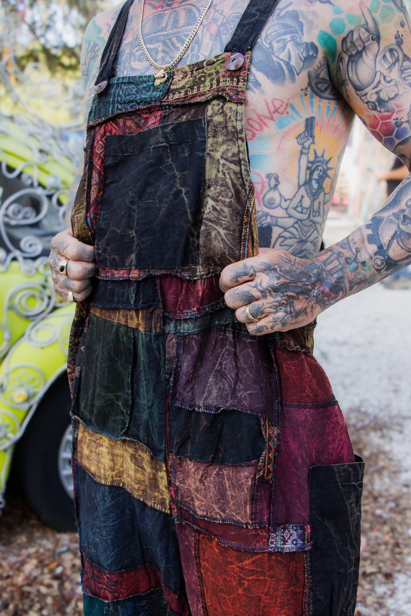 Straight Leg Patchwork Overalls