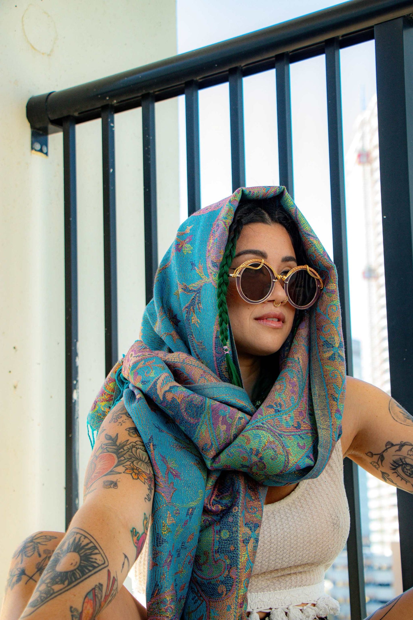 Blue multicolor metallic thread pashmina