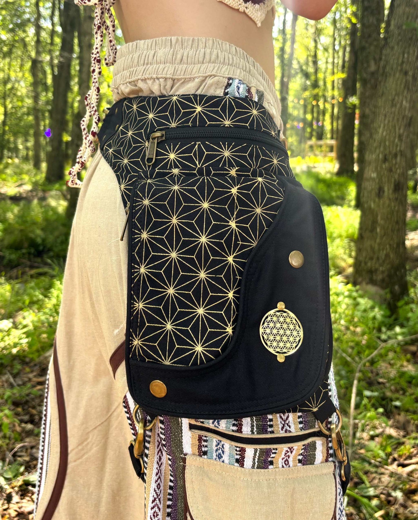 Festival leg harness belt bag with metal embellishment, handmade from 100% cotton.