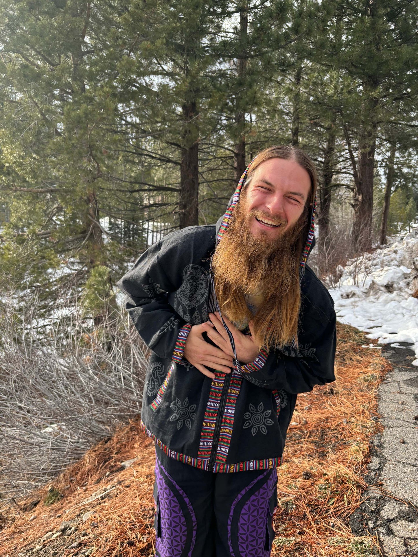 Handprinted cotton jacket from Nepal, unique design, worn outdoors.