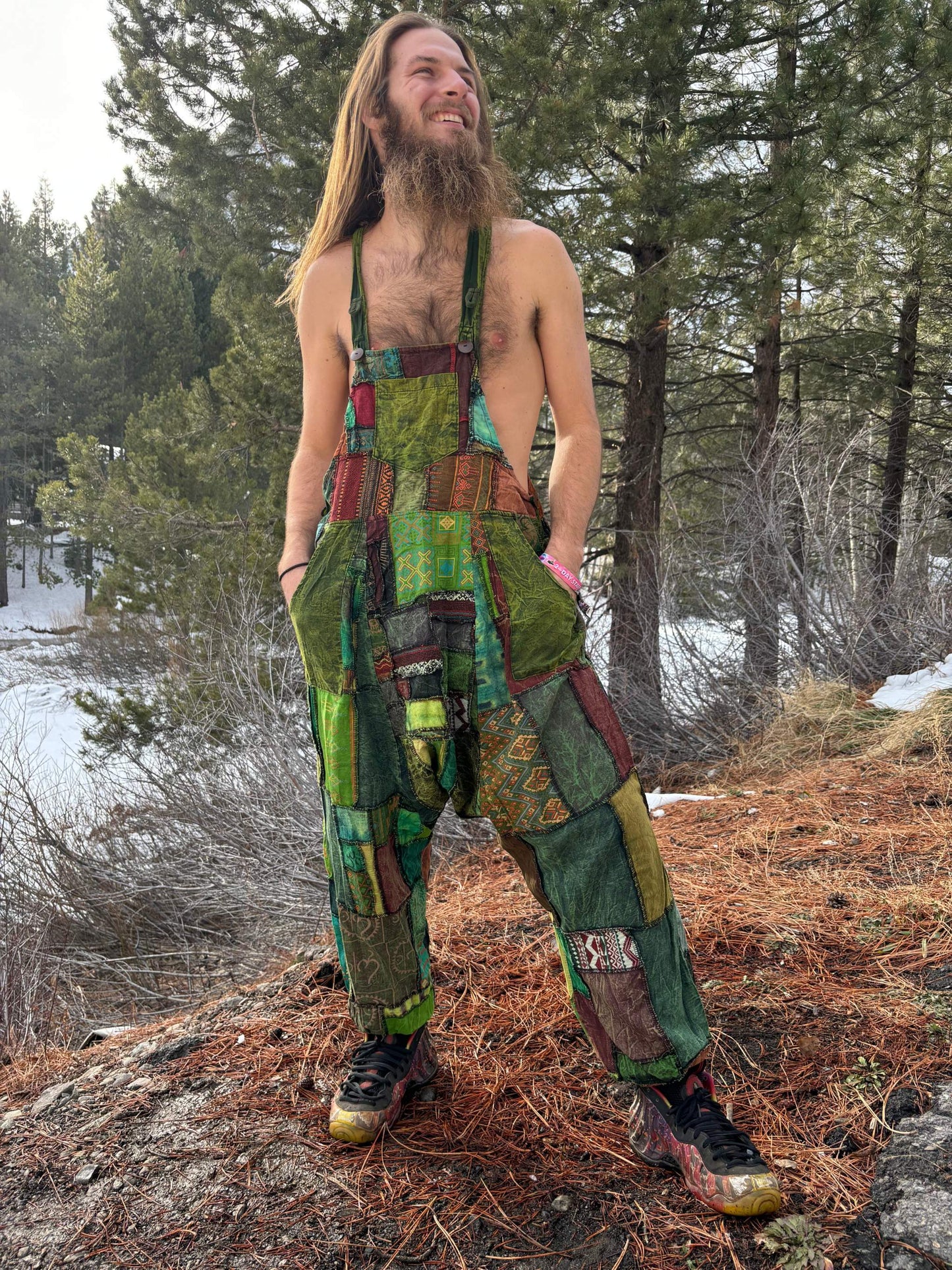 Patchwork Harem overall with adjustable straps, worn outdoors.
