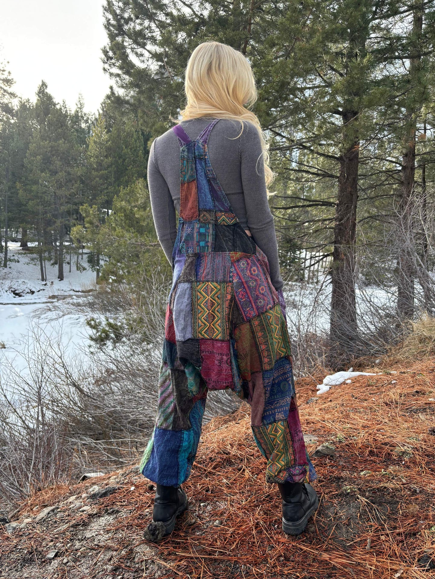 Colorful patchwork harem overalls with adjustable straps, handcrafted from 100% cotton.