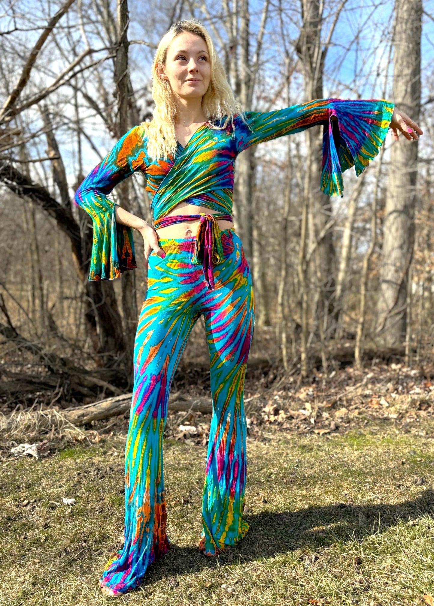 Silvie hybrid top with witchy sleeves in colorful hand-dyed pattern.