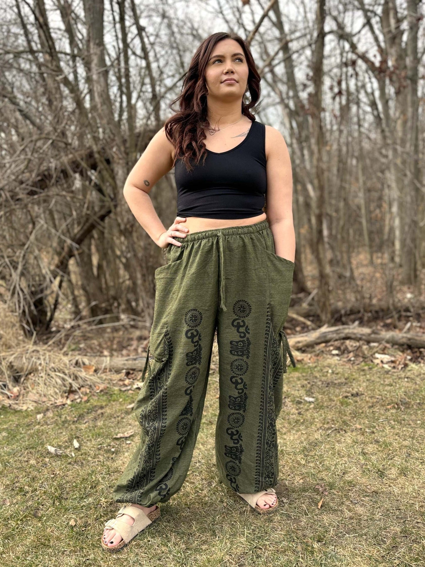 Handmade fair trade cinch leg harem pants in green with elastic waist and ankle cuffs.