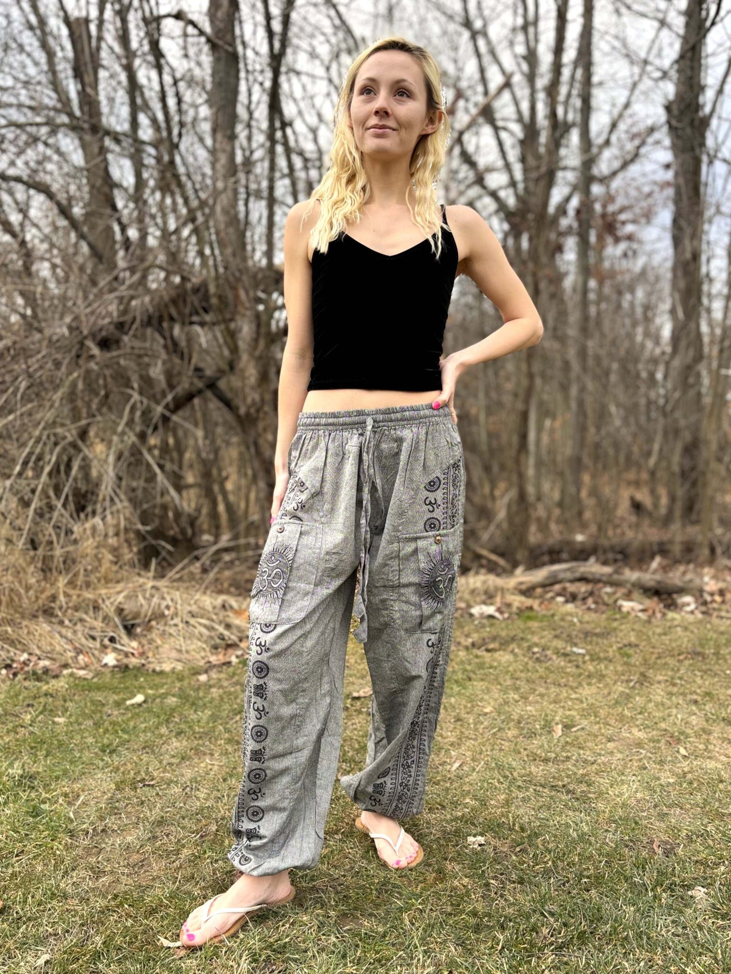 Woman wearing Om Straight leg Pants outdoors.