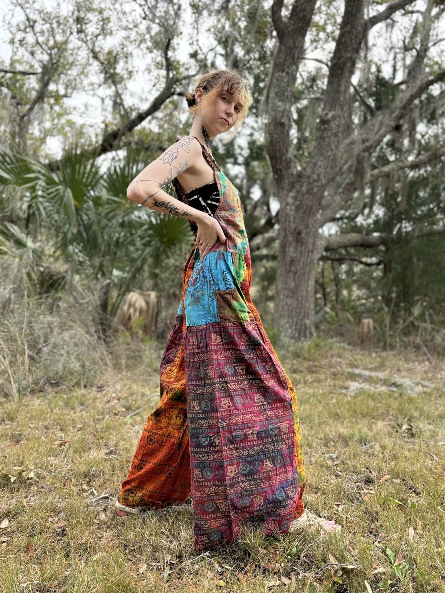 Tye-Dye Pallazzo Overalls with adjustable harem legs, 100% cotton, handcrafted in Thailand.