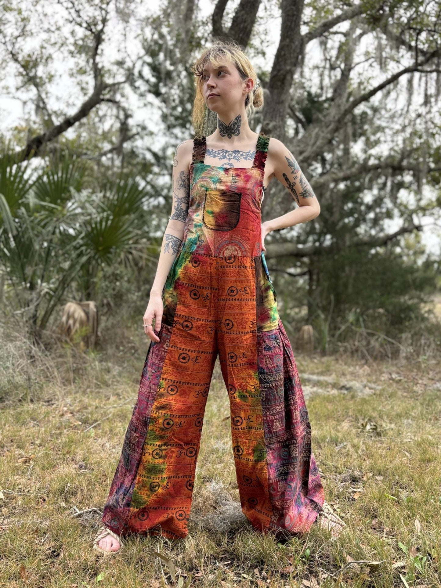 Tye-Dye Pallazzo Overalls with adjustable harem legs and shoulder straps.