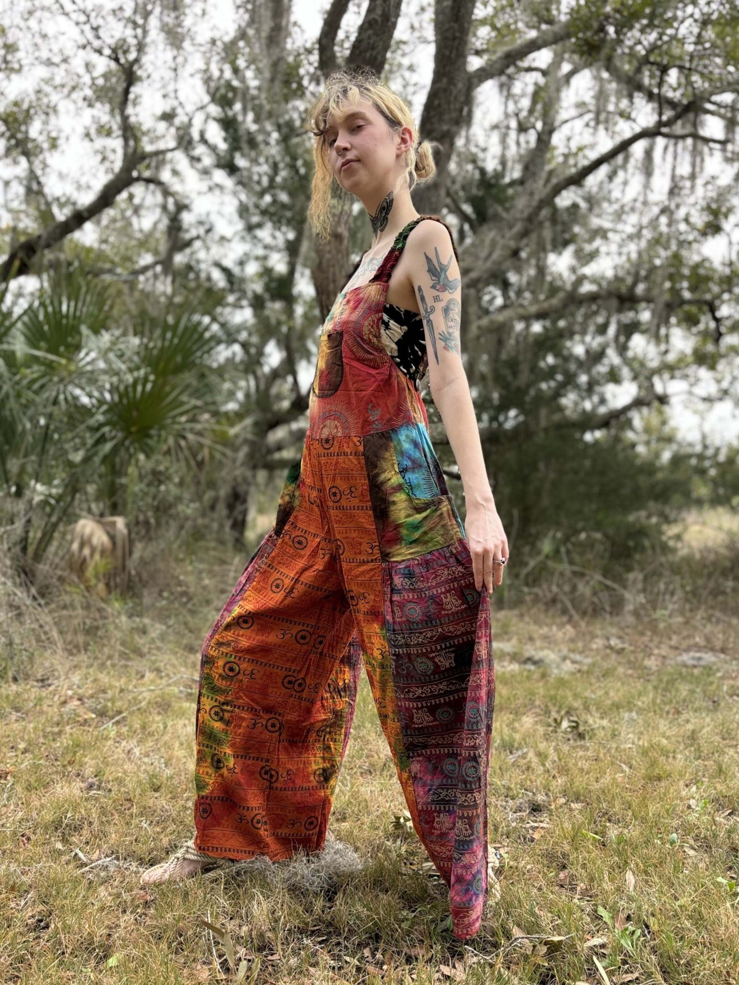Tye-Dye Pallazzo Overalls with adjustable straps in colorful harem style, handmade from 100% cotton.
