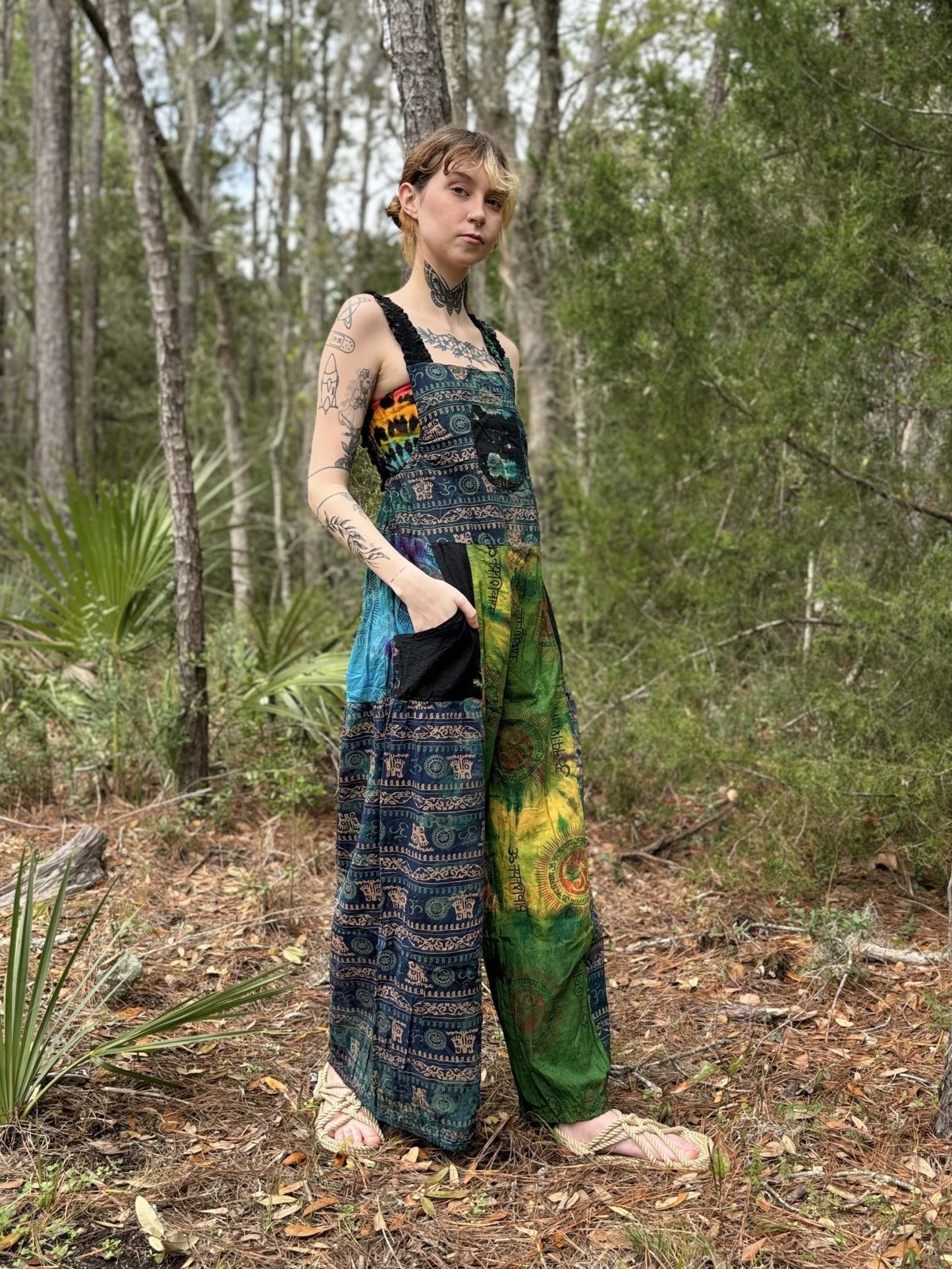 Tye-dye pallazzo overalls with adjustable straps, 100% cotton, handcrafted in Thailand.