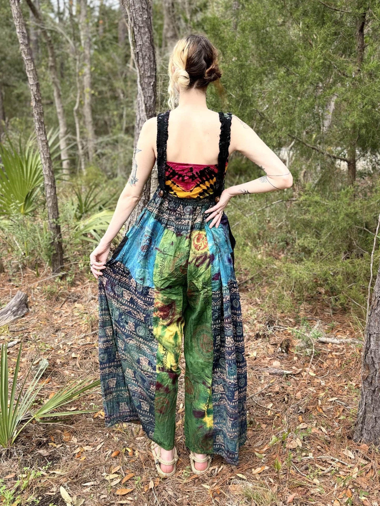 Tye-dye pallazzo overalls with adjustable straps, 100% cotton, handcrafted in Thailand.