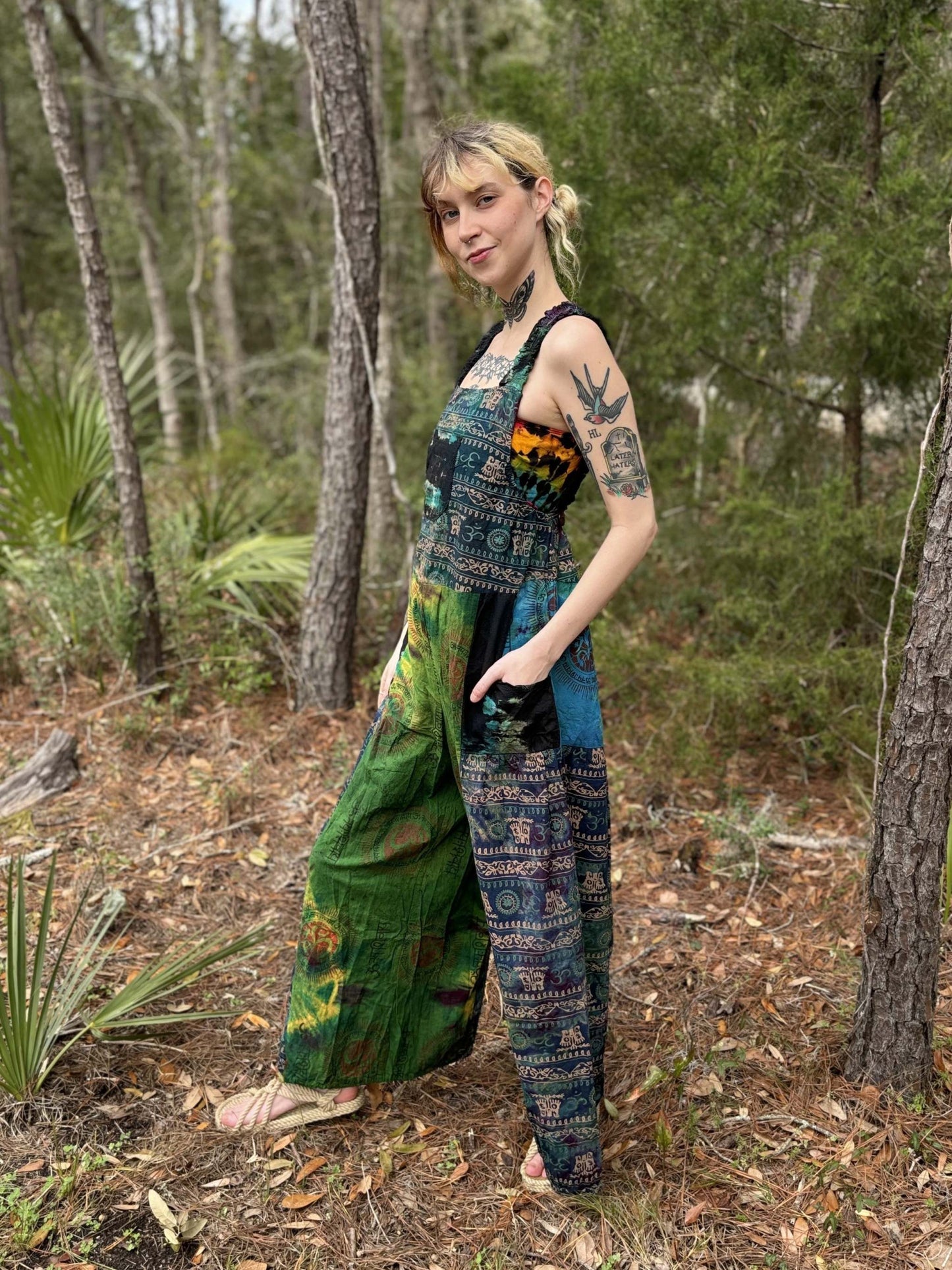 Tye-Dye Pallazzo Overalls with adjustable shoulder straps, 100% cotton, handcrafted in Thailand.