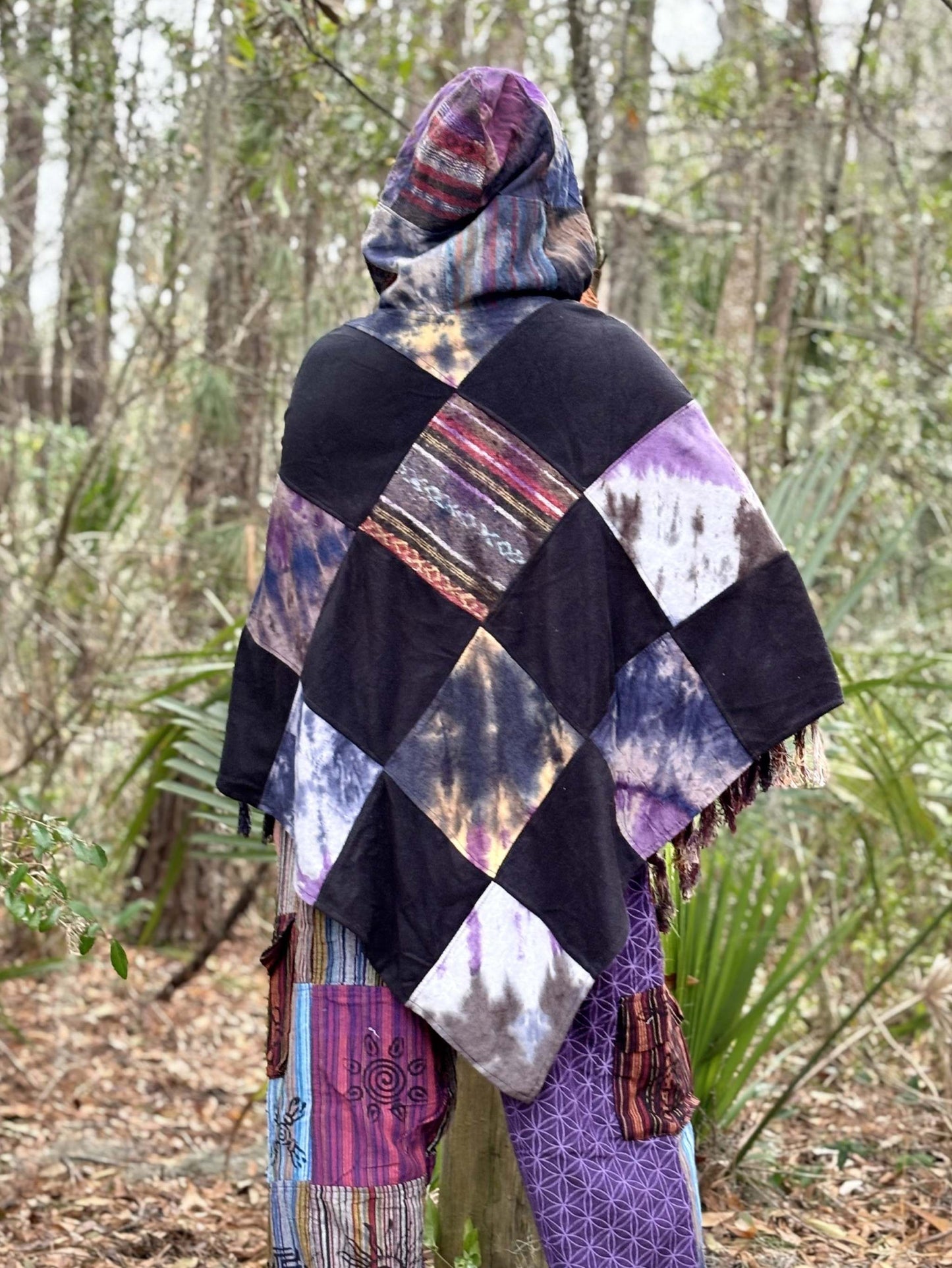 Tye-Dye Patchwork Poncho with wooden toggle buttons, handcrafted in Nepal.