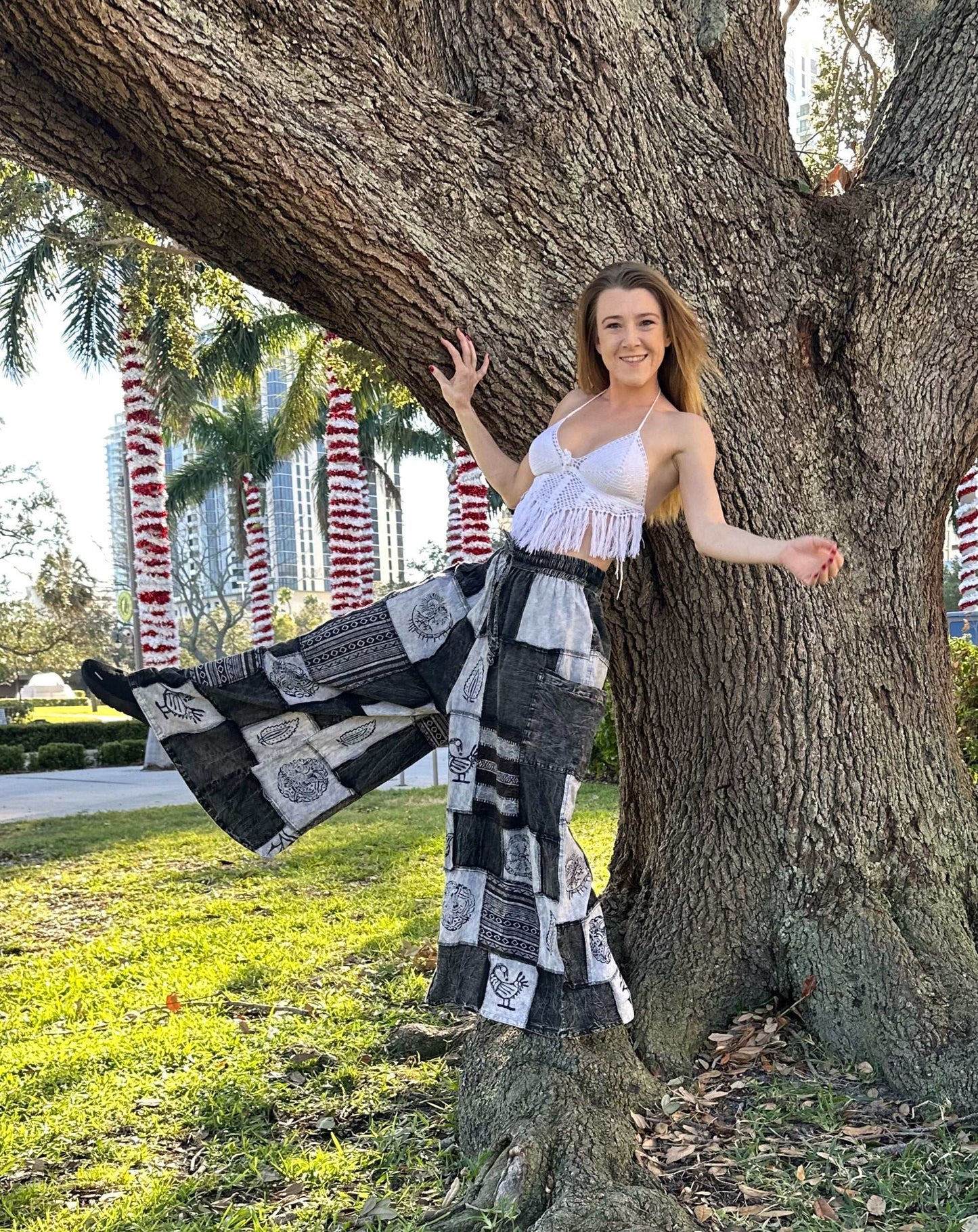 Ares Patchwork Pants with black and white patchwork design, 100% cotton, elastic waistband.