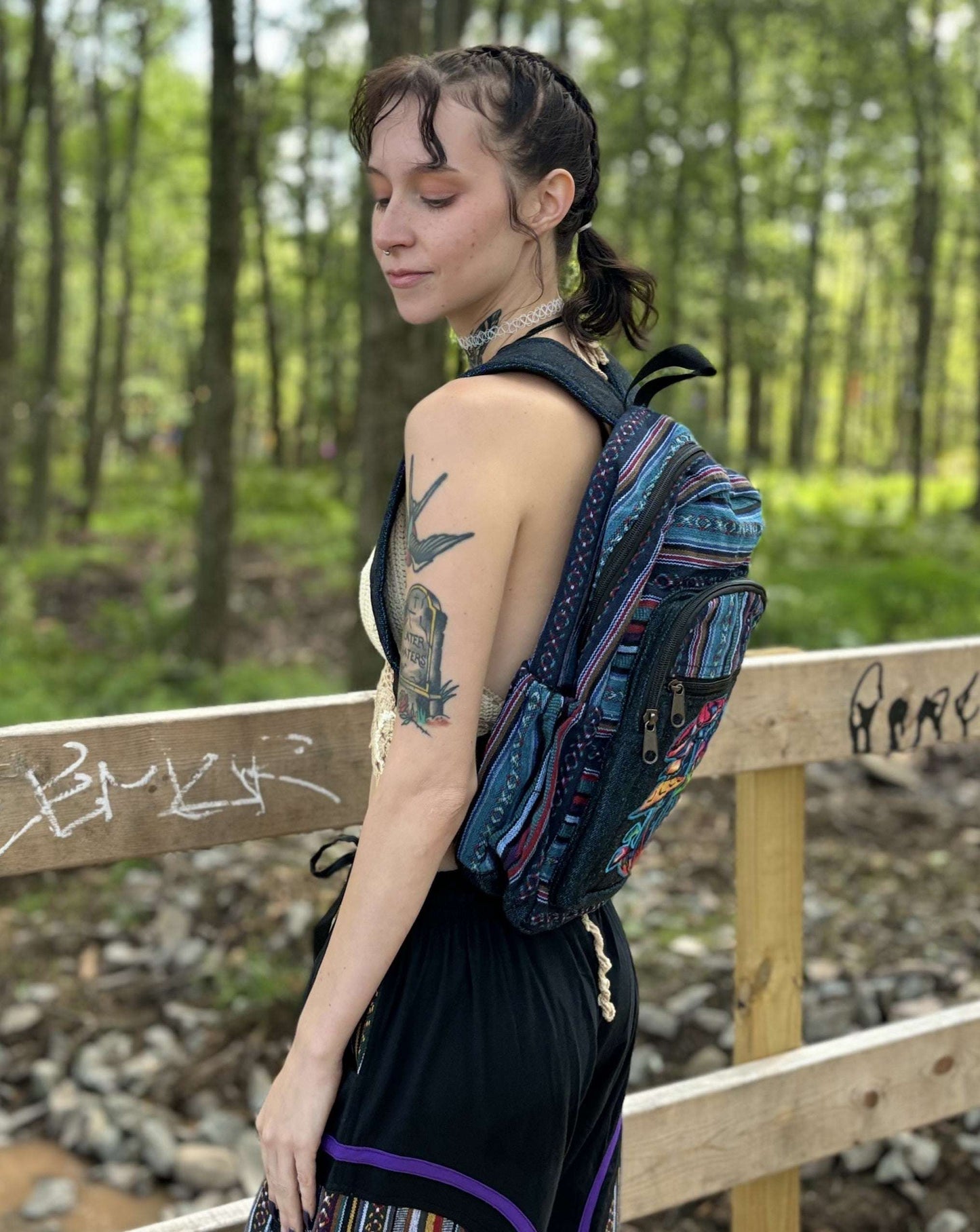 Hemp Mushroom Pattern Backpack with adjustable straps, handmade in Nepal.