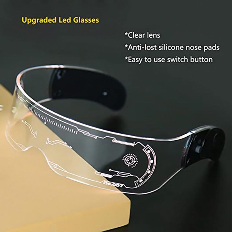 Upgraded LED future glasses with clear lens and anti-lost silicone nose pads.