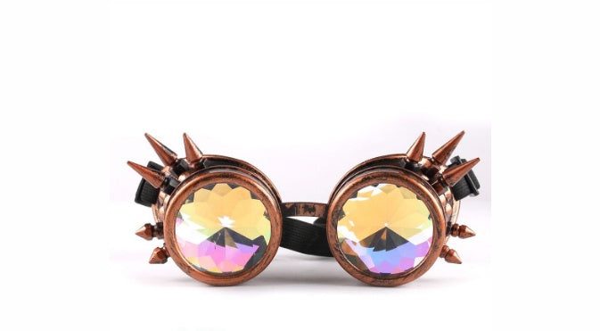 Avant-garde kaleidoscope goggles with crystal lenses and spiked design.