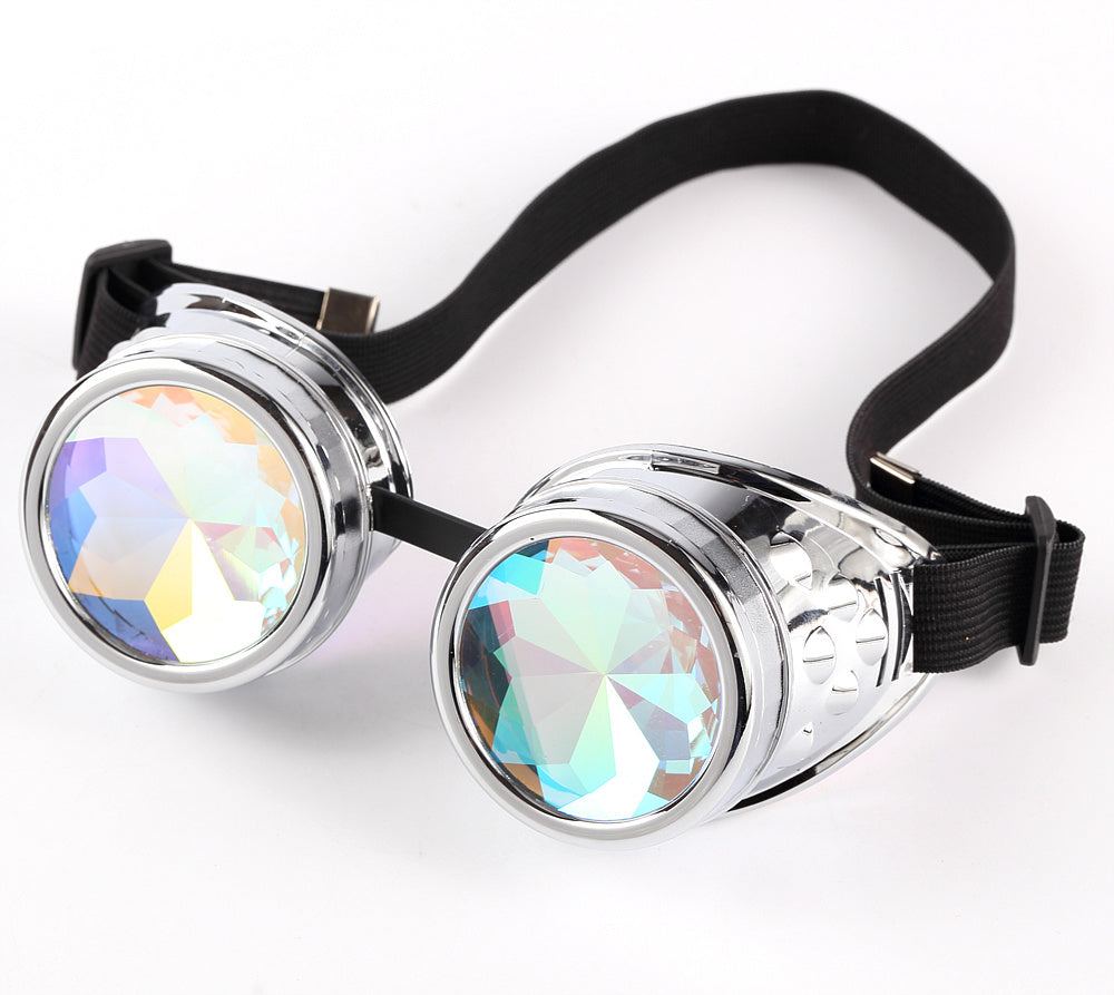 Kaleidescope goggles with crystal lenses and black strap, ideal for cosplay and parties.