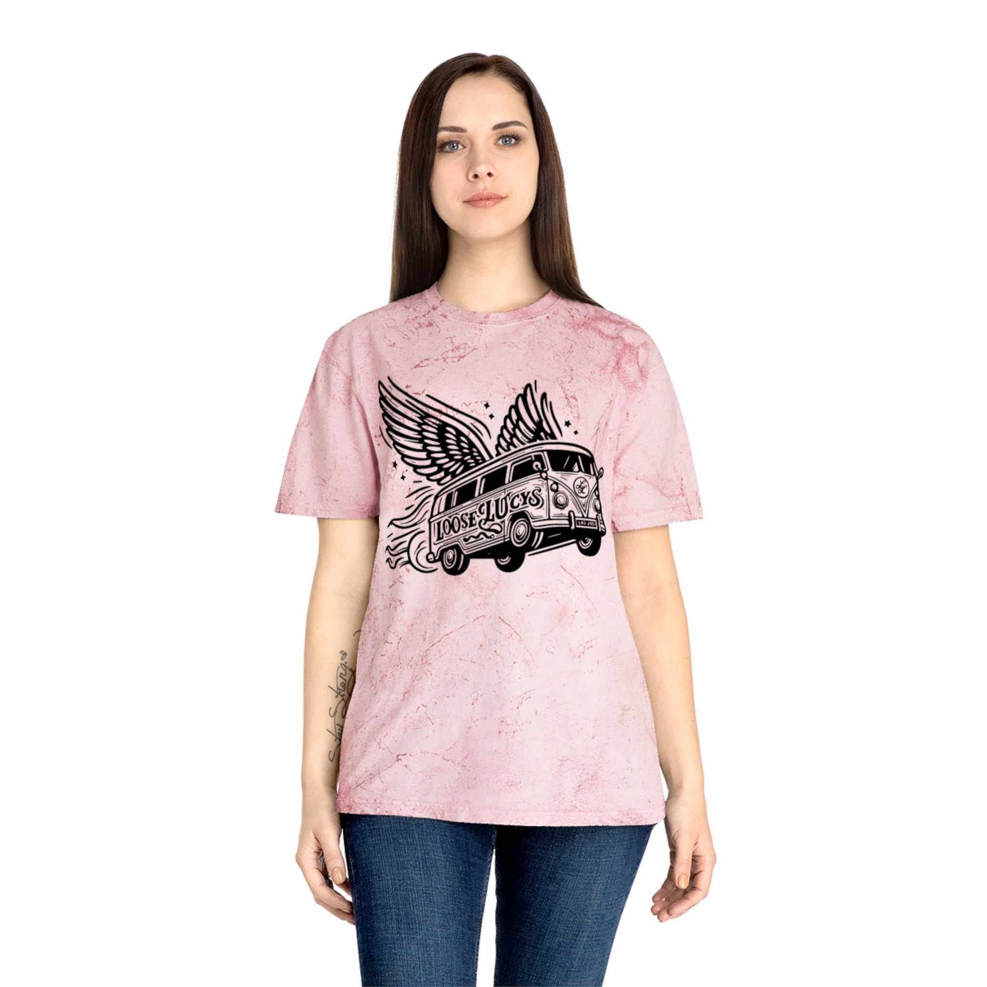 Color Blast Loose Lucys T-Shirt with unique color pattern and bus graphic, ideal for music festivals, relaxed fit.