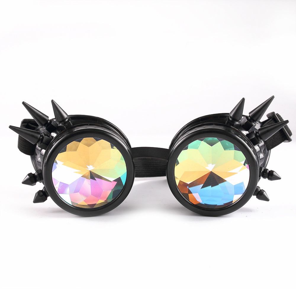 Kaleidoscope goggles with crystal lenses and black spiked frames for cosplay and parties.