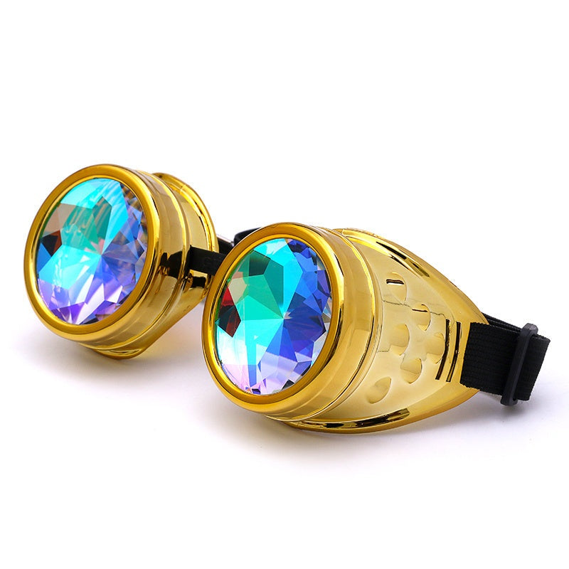 Avant-garde kaleidoscope goggles with dazzling colors and full frame design for cosplay or party outfits.