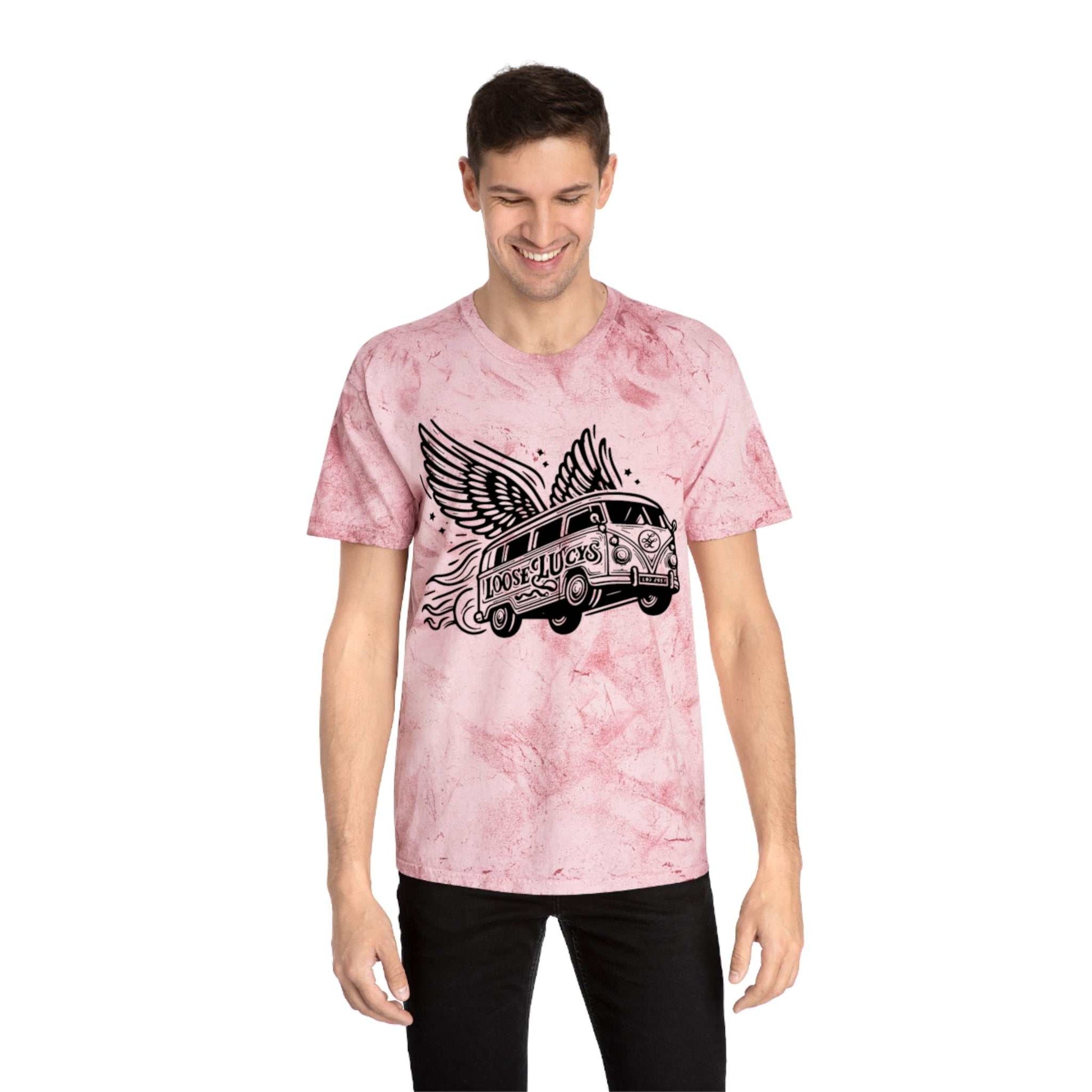 Color Blast Loose Lucys T-Shirt with unique dye effect and van design, relaxed fit.