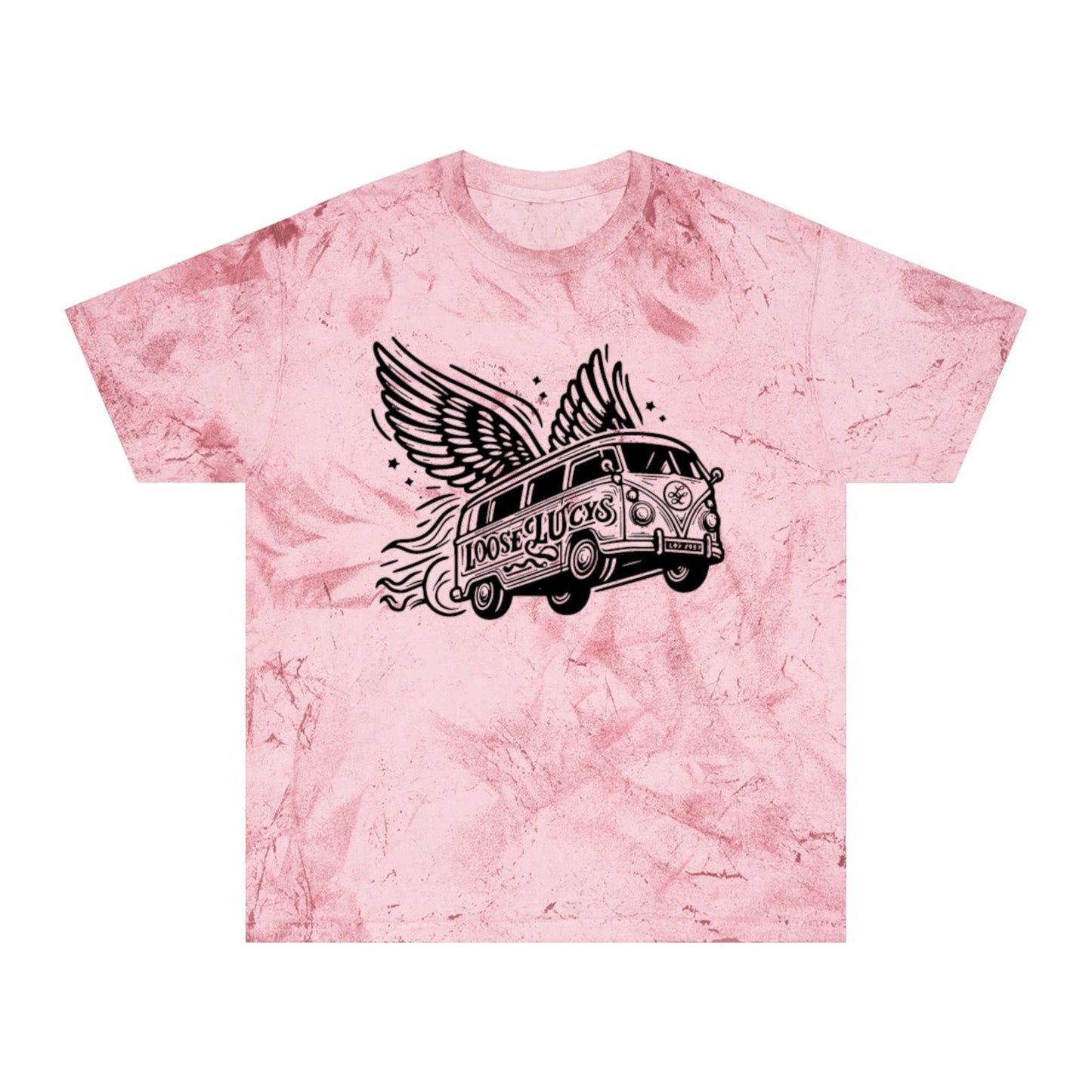 Color Blast Loose Lucys T-Shirt with vintage van graphic on pink marbled fabric.