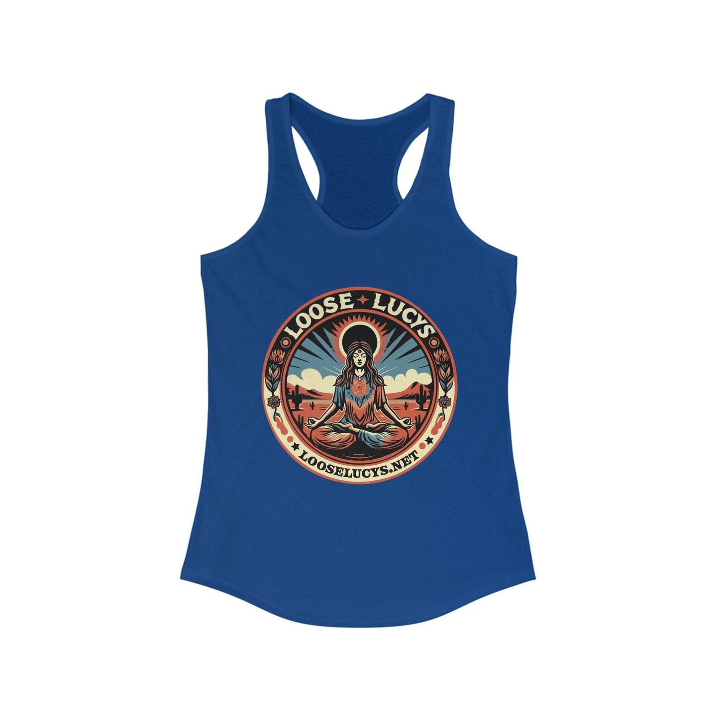 Loose Lucys Women's Ideal Racerback Tank, blue color, featuring a printed design with lightweight fabric.