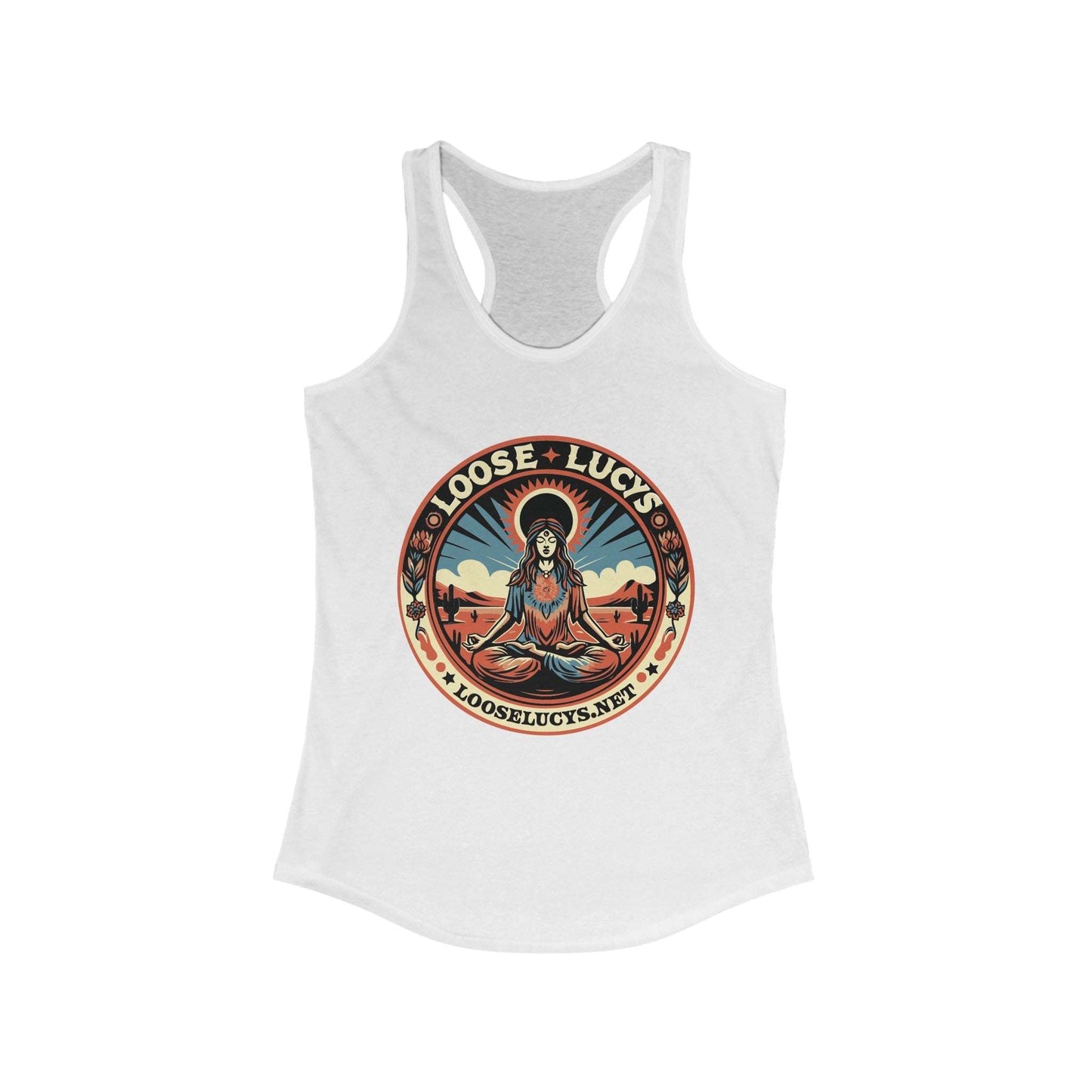 Loose Lucys Women's Ideal Racerback Tank with colorful design, lightweight fabric.