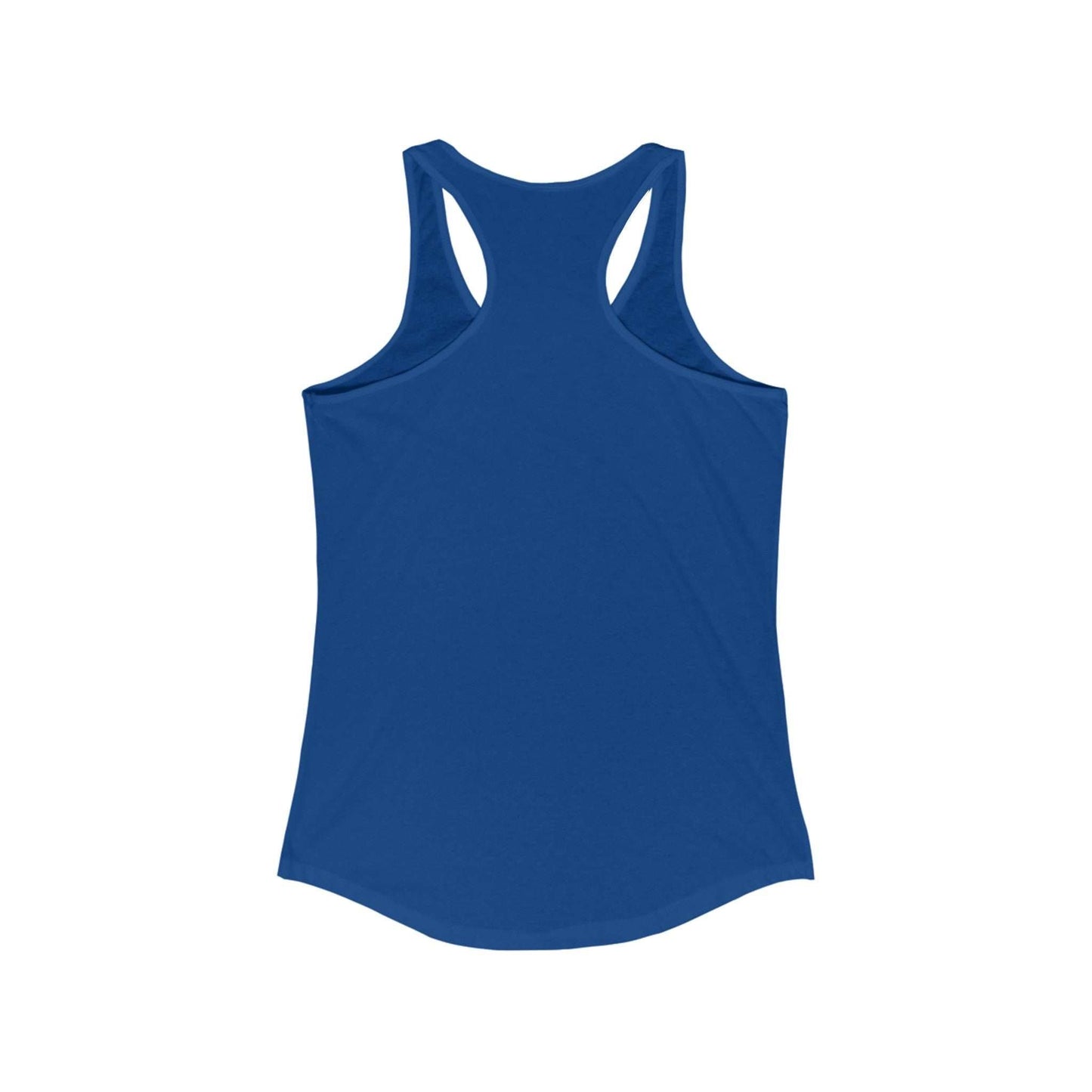 Loose Lucys Women's Ideal Racerback Tank in blue, back view, lightweight fabric.