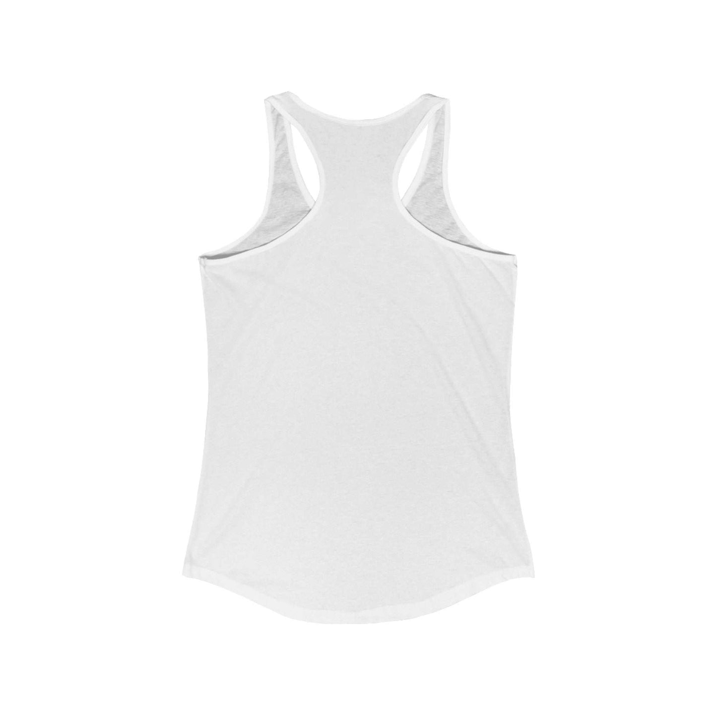 Loose Lucys Women's Ideal Racerback Tank in white, showcasing slim fit and scooped neckline.