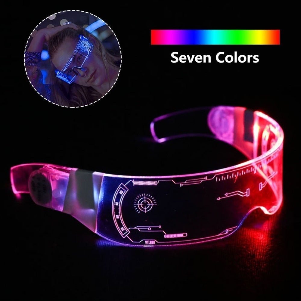 Futuristic illuminated glasses with transparent frame and seven color lighting display.