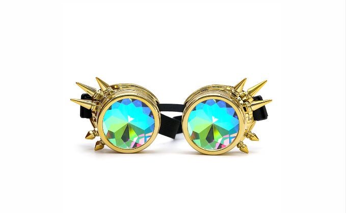 Avant-garde kaleidoscope goggles with dazzling colors and crystal lenses, ideal for cosplay or party wear.