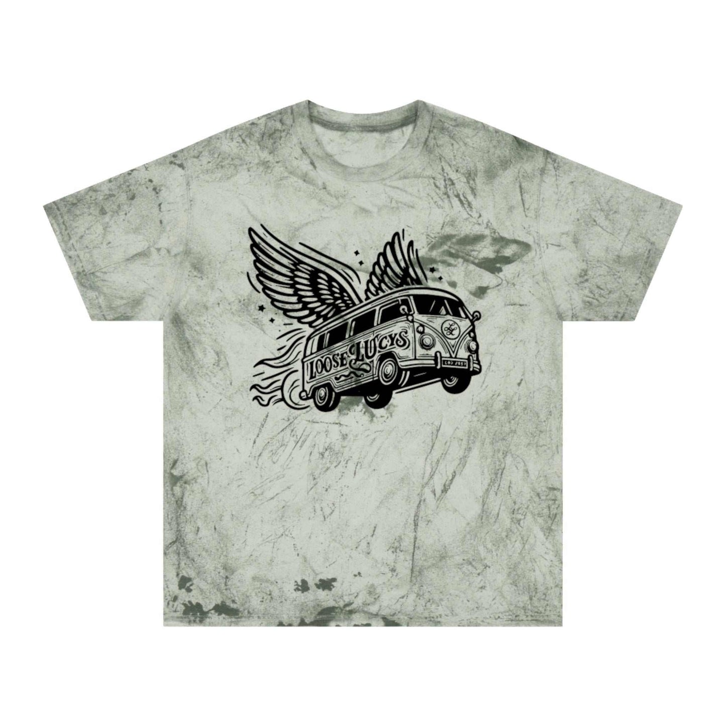 Color Blast Loose Lucys T-Shirt with winged van design on unique garment-dyed fabric.