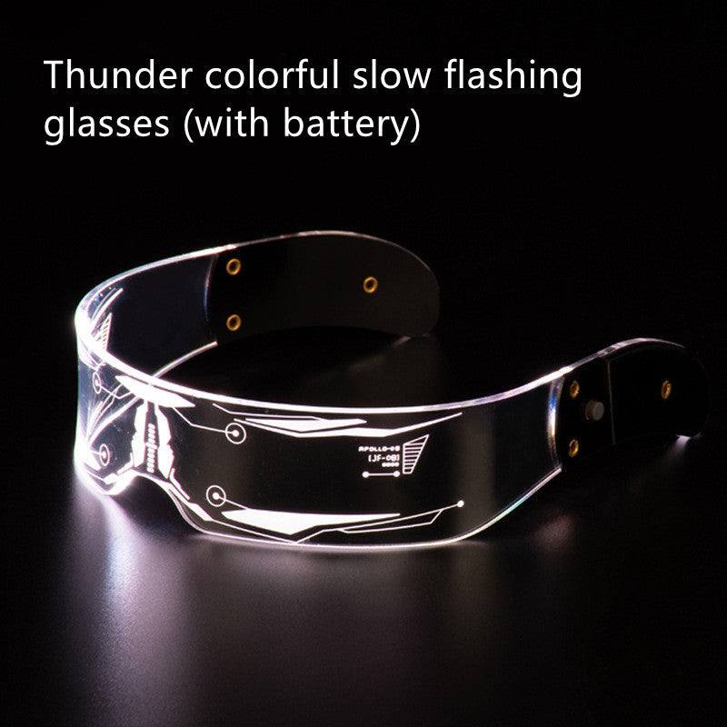 Thunder colorful slow flashing future glasses with battery on black background.