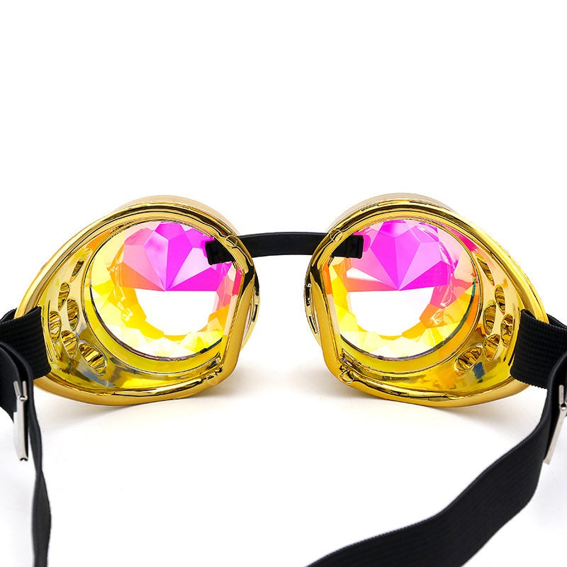 Kaleidoscope goggles with colorful crystal lenses and black adjustable strap, ideal for cosplay or parties.