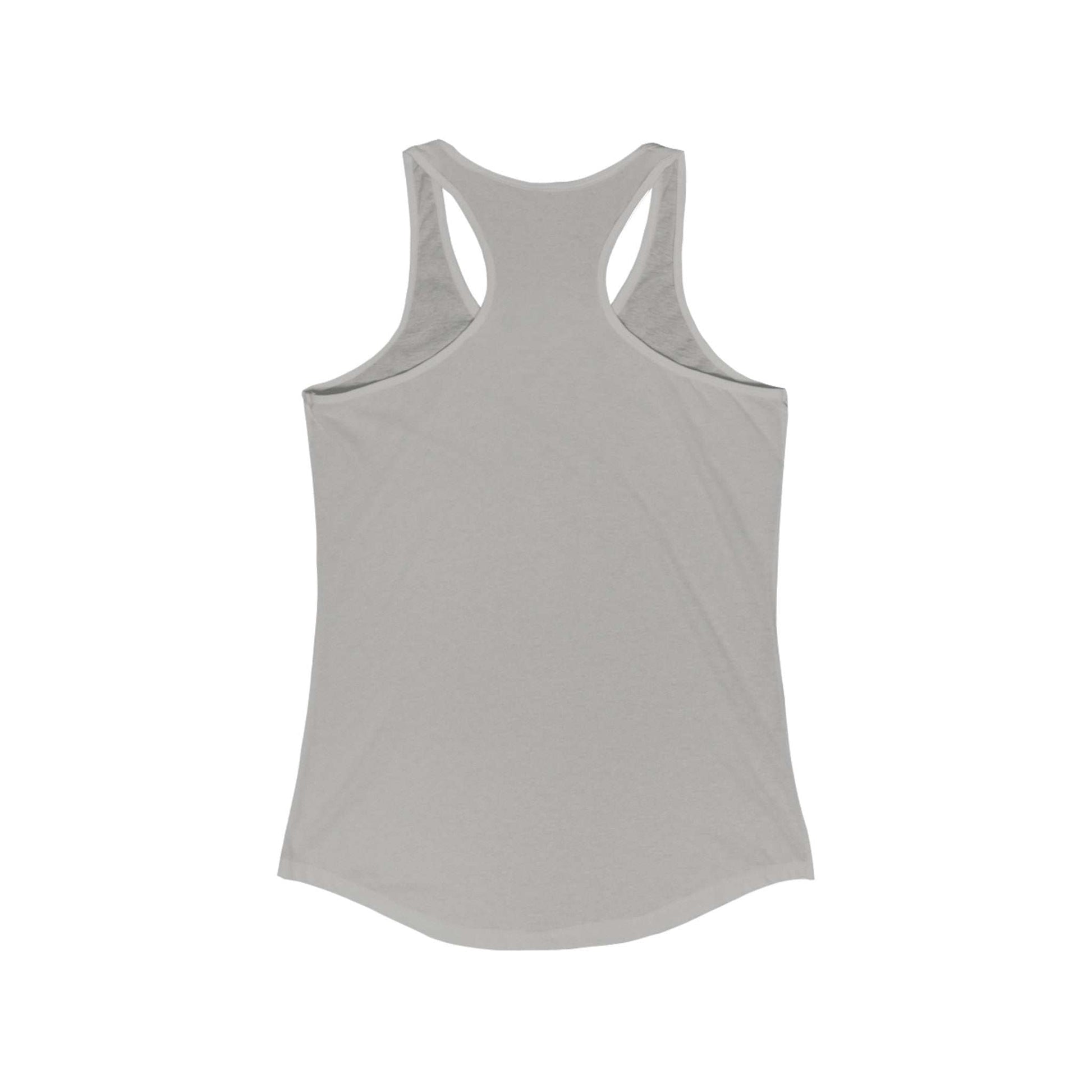 Loose Lucys Women's Ideal Racerback Tank in light grey with slim fit and scooped neckline.