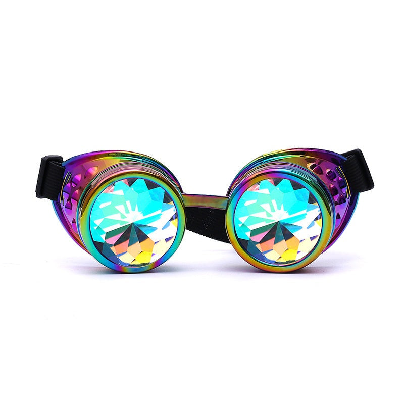 Avant-garde kaleidoscope goggles with crystal lenses for cosplay and parties.