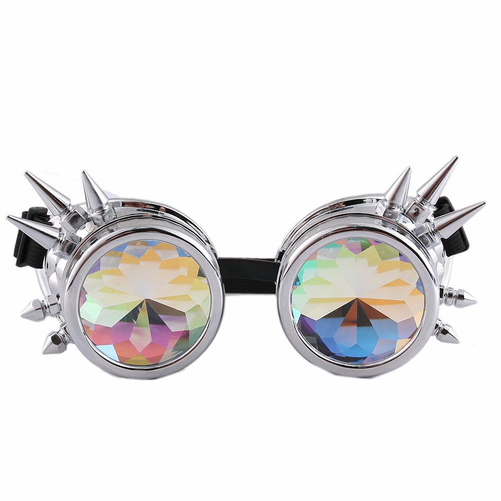 Avant-garde kaleidoscope goggles with crystal lenses and spiked frame for cosplay and party events.