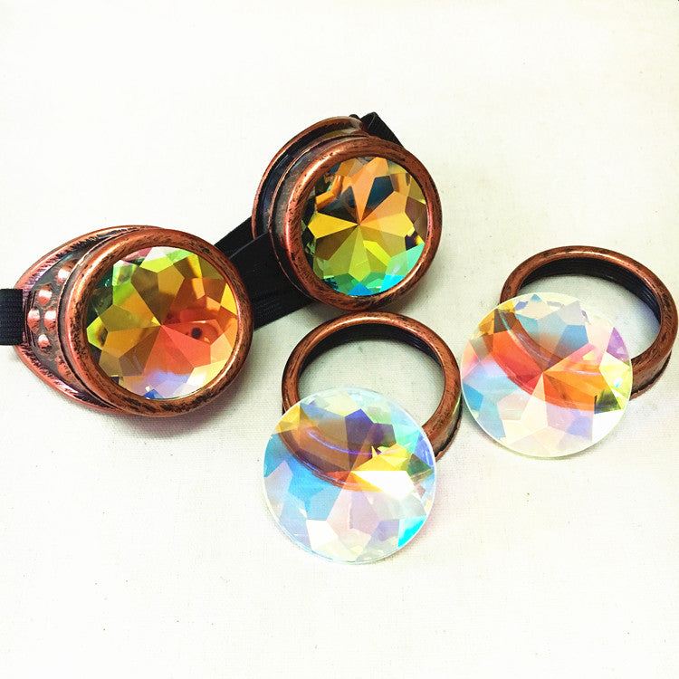 Kaleidescope goggles with dazzling multicolor lenses and ABS frame for cosplay.