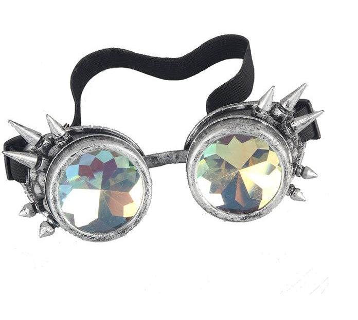 Avant-garde kaleidoscope goggles with crystal drill lenses and spiked design.