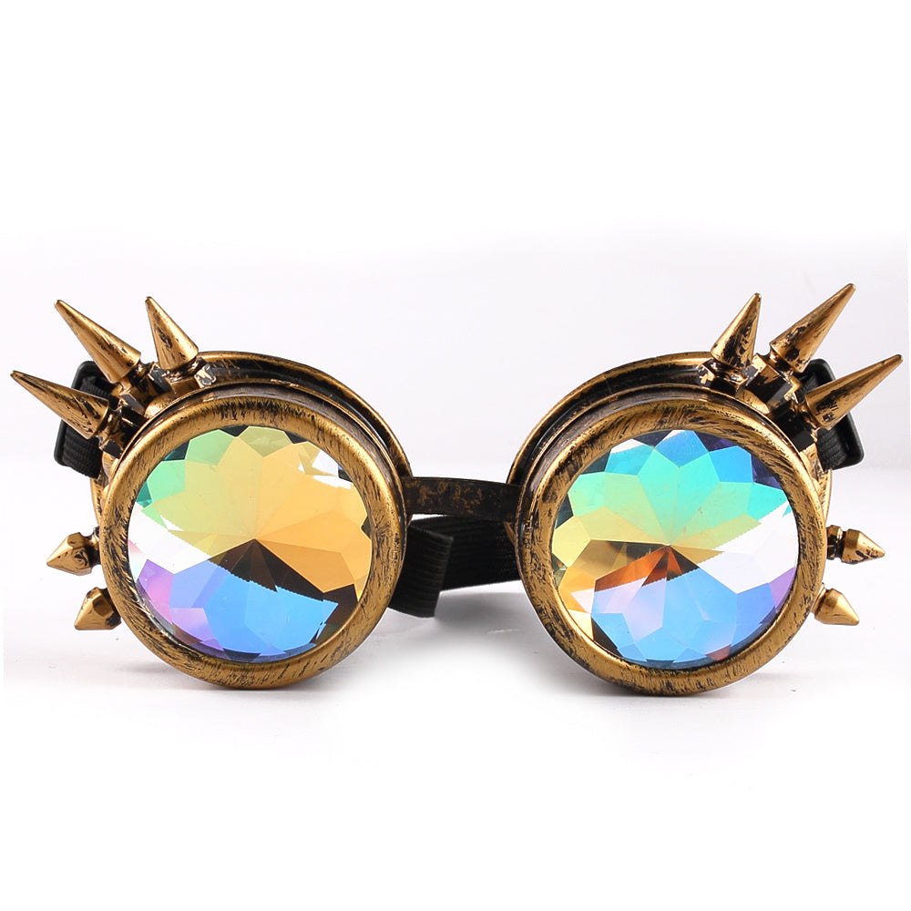 Avant-garde kaleidoscope goggles with colorful crystal lenses and spiked design for cosplay.