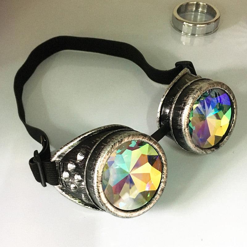 Kaleidescope goggles for adult cosplay with crystal lenses and full-frame design.