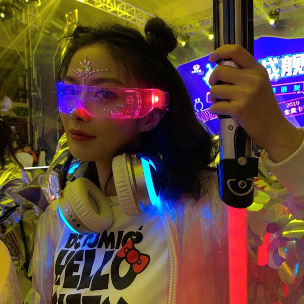 Futuristic LED light-up glasses with transparent frame at a vibrant event.