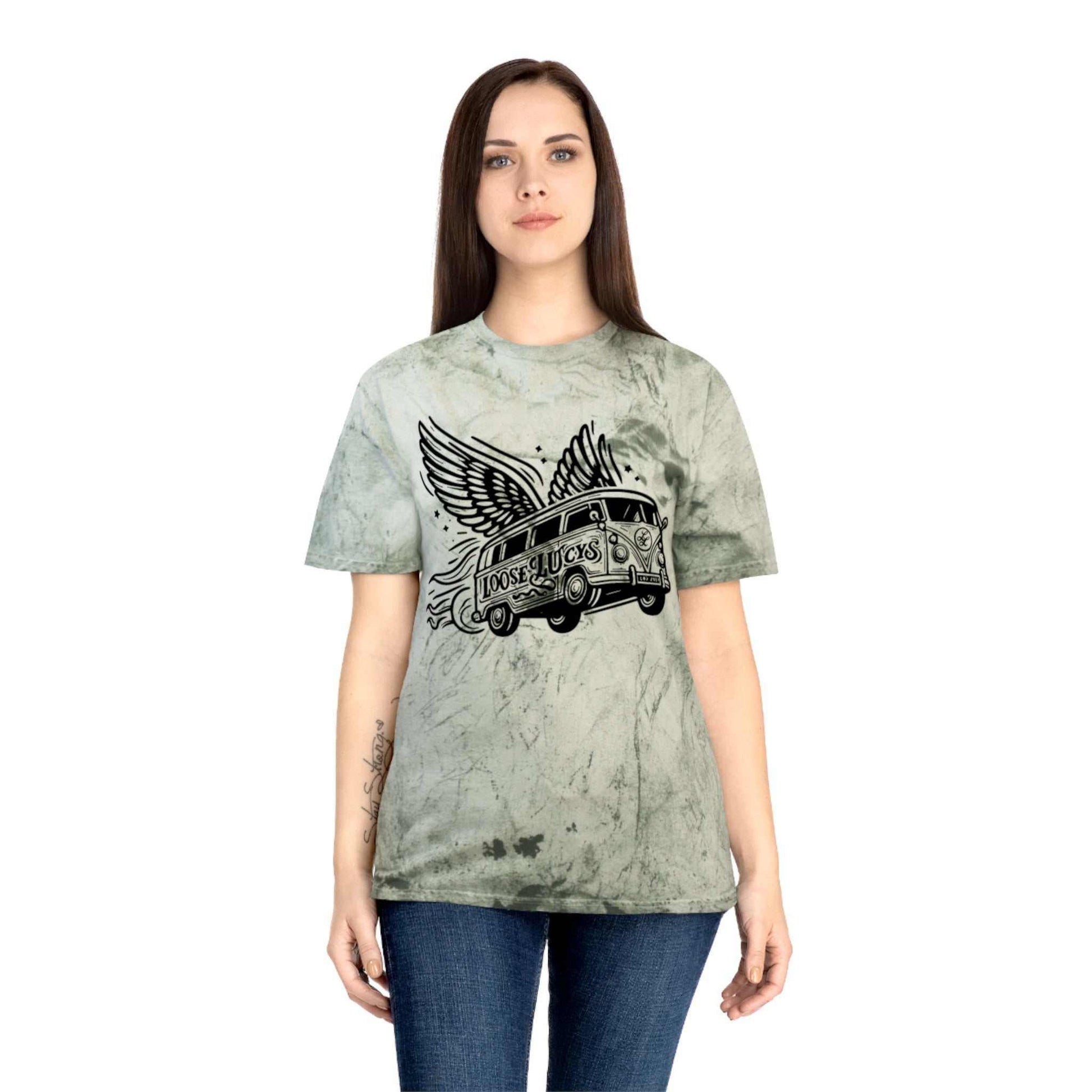 Color Blast Loose Lucys T-Shirt with unique garment-dyed fabric and winged van graphic.