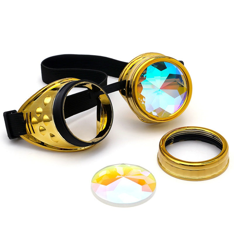 Kaleidescope goggles with dazzling colors and crystal lenses, ideal for COSPLAY and party fashion.