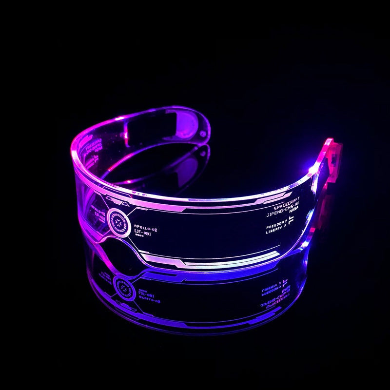 Futuristic luminous glasses with transparent frame and colorful LED lights.