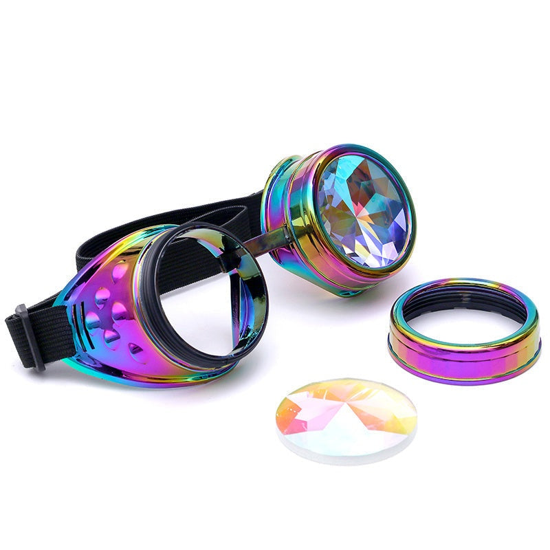 Avant-garde kaleidoscope goggles with colorful crystal drill lenses, ideal for adult cosplay and party fashion.