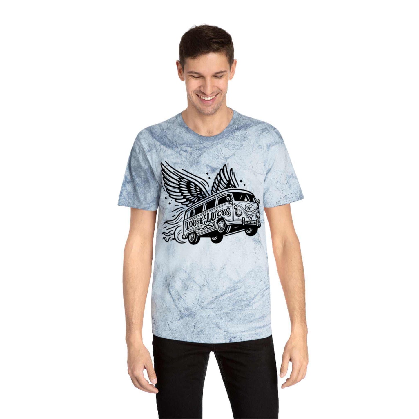 Color Blast Loose Lucys T-Shirt with unique garment-dyed effect and winged vehicle design.