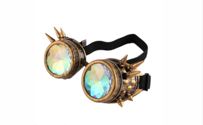 Avant-garde kaleidoscope goggles with crystal lenses and spiked design for cosplay and party wear.