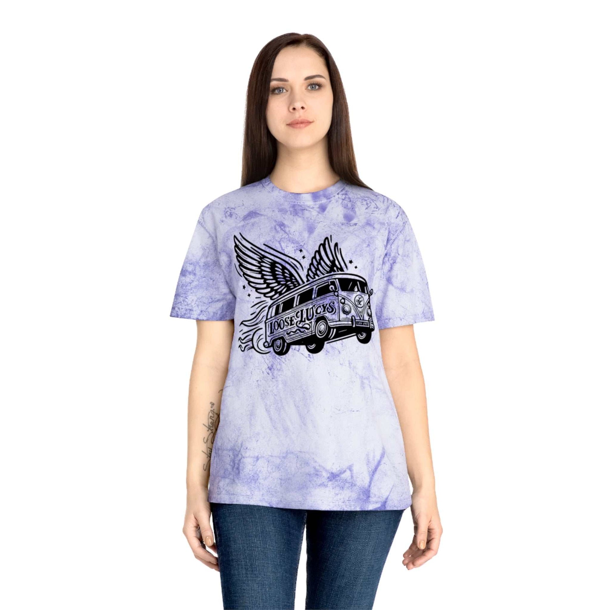 Color Blast Loose Lucys T-Shirt with unique garment-dyed design on relaxed fit cotton blend fabric.